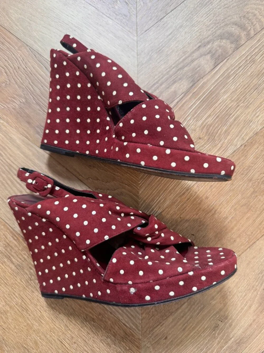 Biba Vintage Platform Wedge Sandals Burgundy Polka Dot 37